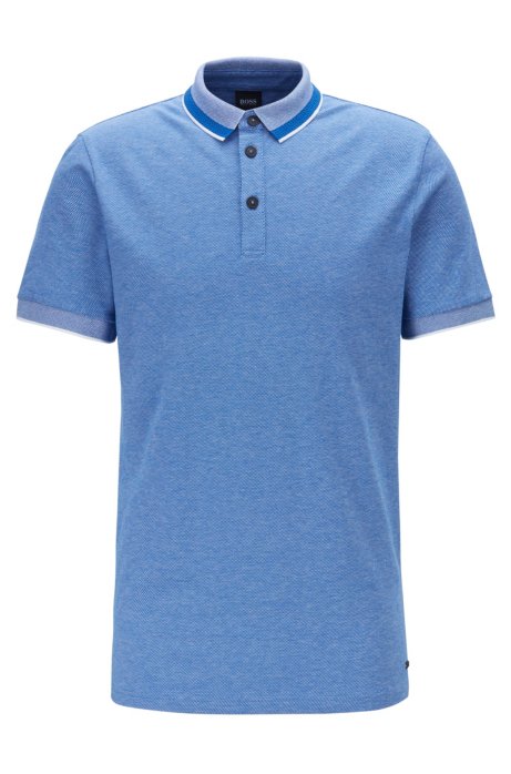 Polo shirt in stretch cotton with mesh-effect collar, Blue