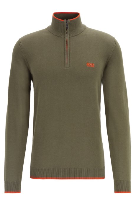 Zip-neck sweater in a cotton blend, Dark Green