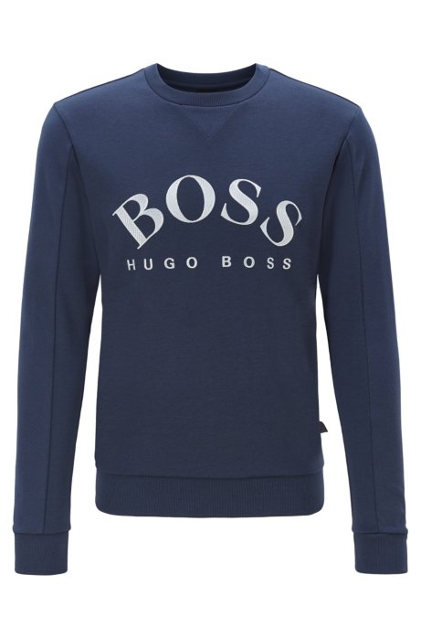 Mixed-material slim-fit sweatshirt with curved logo, Dark Blue