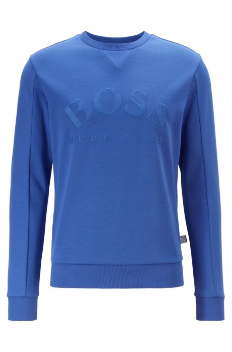 Mixed-material slim-fit sweatshirt with curved logo, Blue