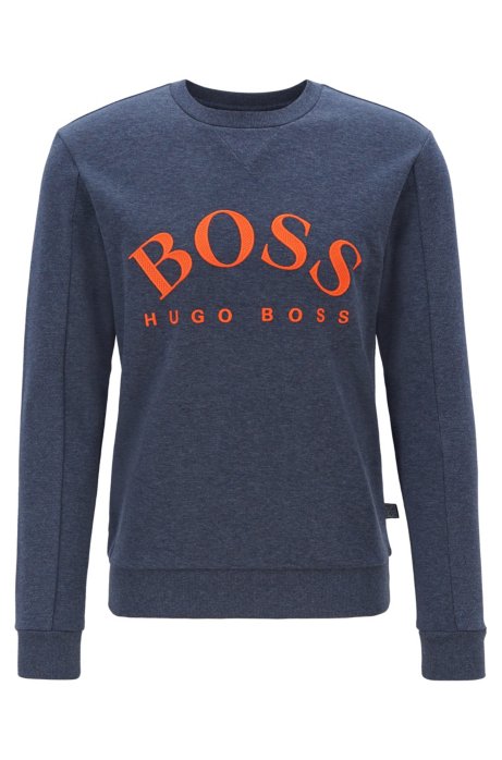 Mixed-material slim-fit sweatshirt with curved logo, Open Blue