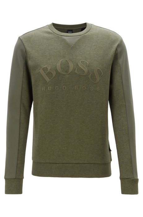 Mixed-material slim-fit sweatshirt with curved logo, Dark Green