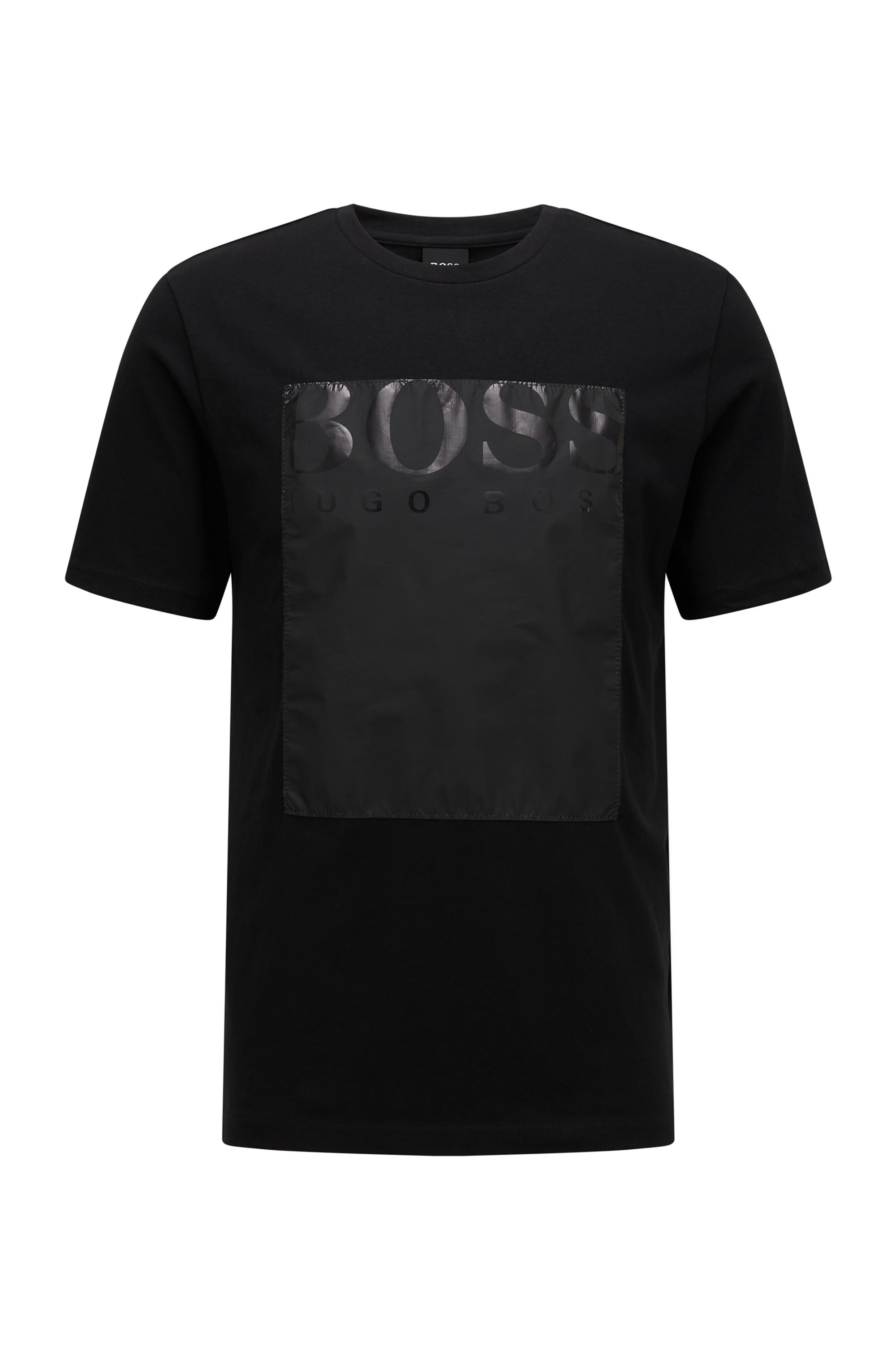 T-shirt van katoen met ronde hals en papierachtig logovierkant, Zwart