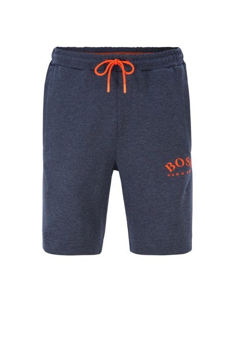 Slim-fit jogging shorts in contrast fabrics with curved logo, Dark Blue
