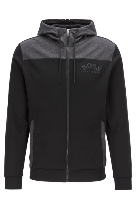 Zip-through hooded sweatshirt with curved logo, Black