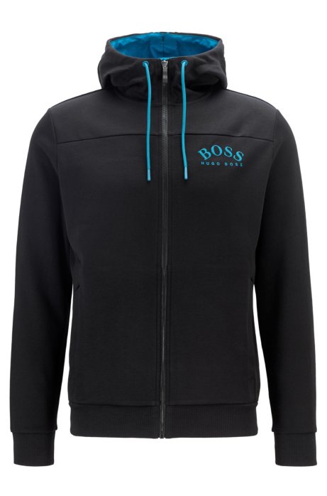 Zip-through hooded sweatshirt with curved logo, Black