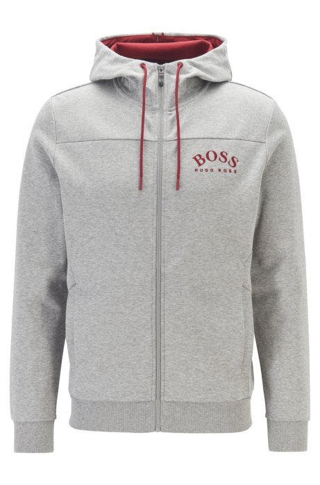 Zip-through hooded sweatshirt with curved logo, Light Grey