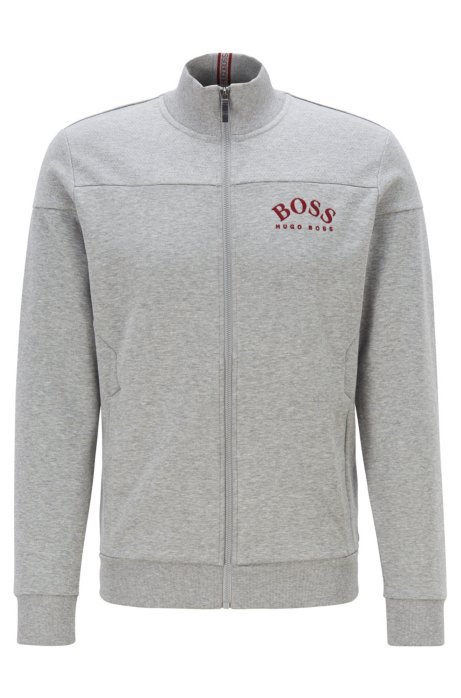 Zip-through sweatshirt in contrast fabrics with curved logo, Light Grey