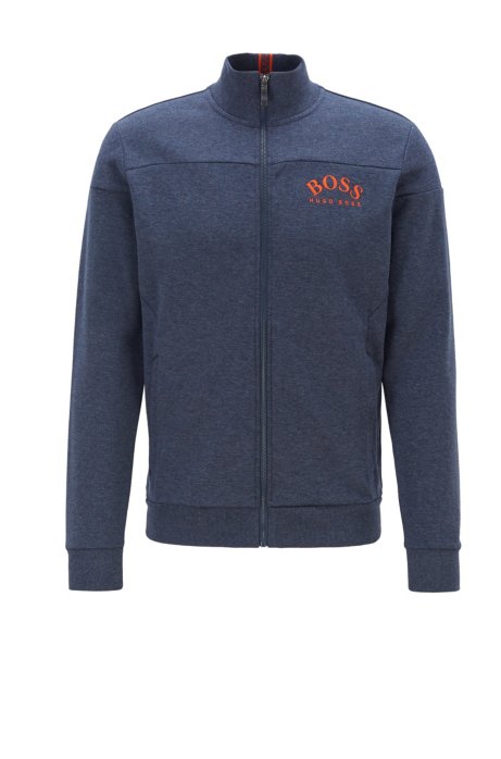 Zip-through sweatshirt in contrast fabrics with curved logo, Open Blue