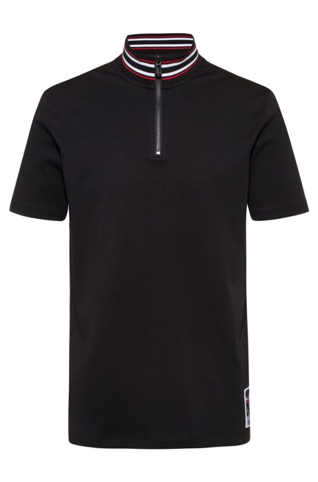 Stand collar polo shirt with graphic Berlin badge, Black