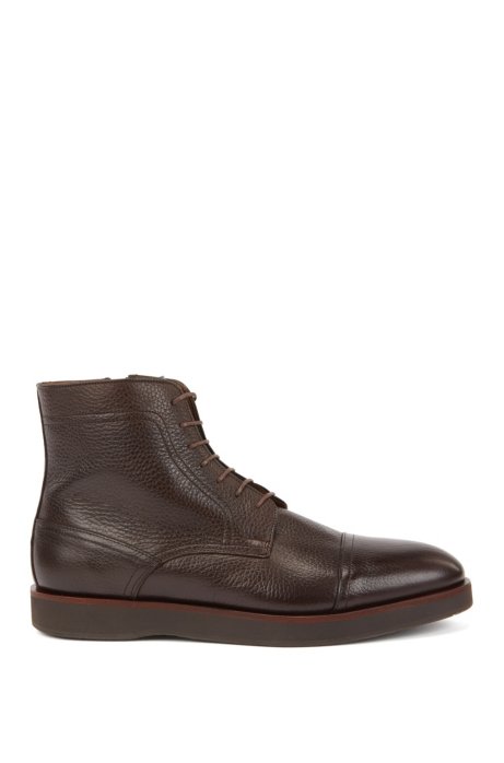 Portuguese-made lace-up boots in grained leather, Dark Brown