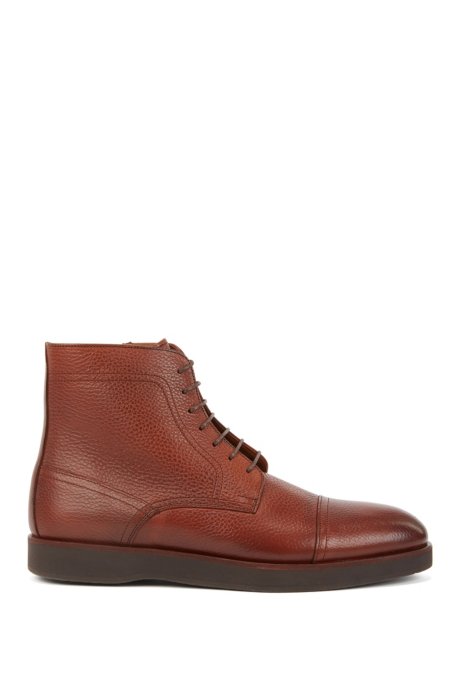 Portuguese-made lace-up boots in grained leather, Brown