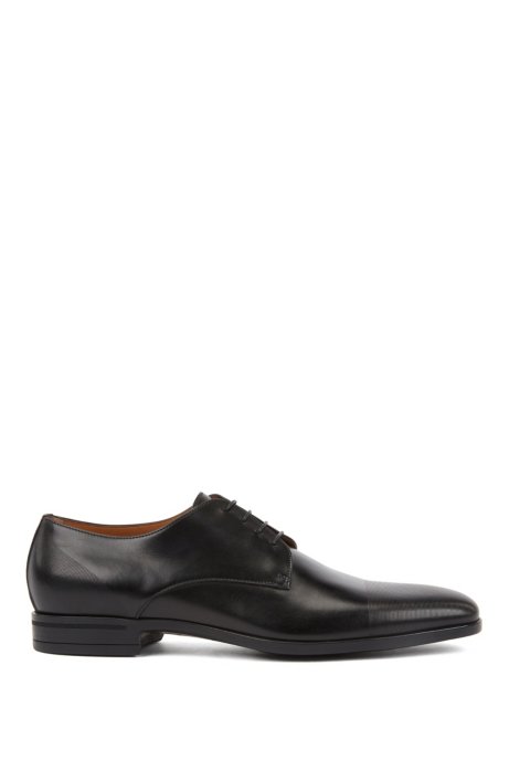 Derby shoes in polished leather with laser-cut detailing, Black