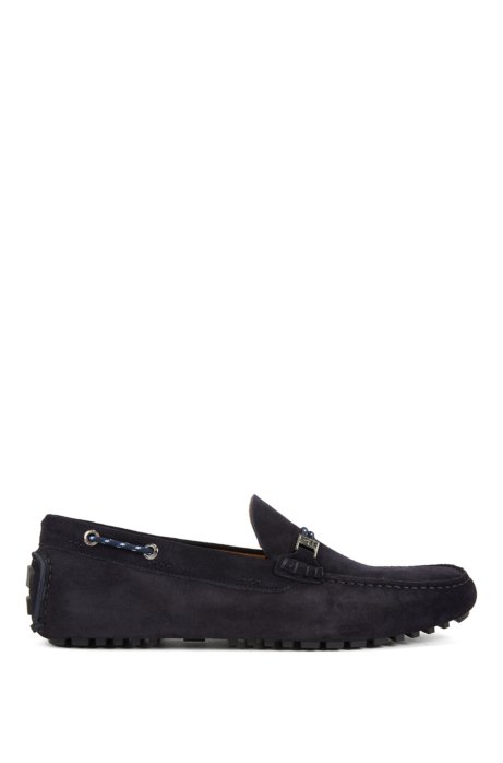Italian-made moccasins in suede with cord details, Dark Blue