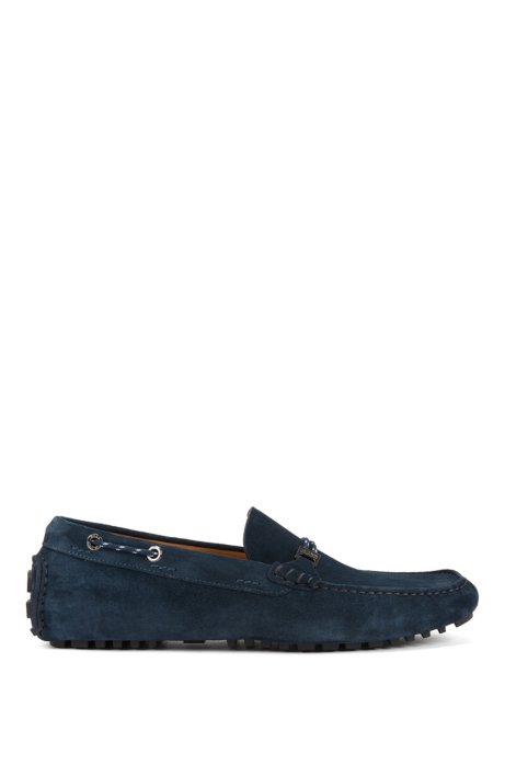 Italian-made moccasins in suede with cord details, Dark Blue
