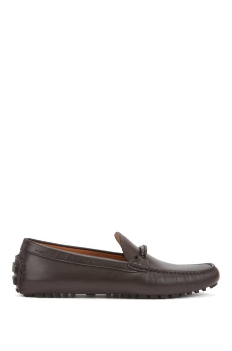 Italian-made moccasins in polished leather with hardware details, Dark Brown