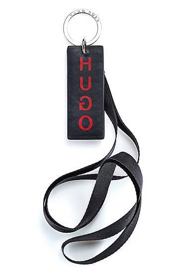 Hugo Reverse-logo Key Holder In Leather With Neck Strap In Black