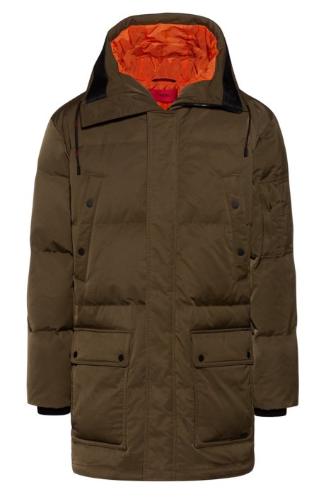 Relaxed-fit down coat with tape-trimmed hood, Dark Green