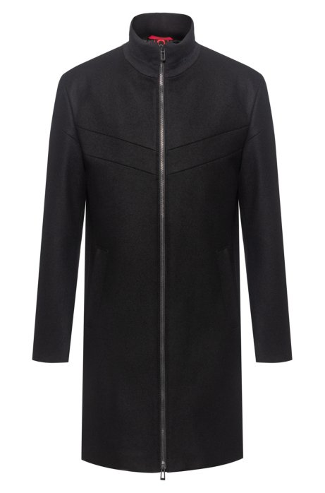 Slim-fit coat with logo-trimmed stand collar, Black