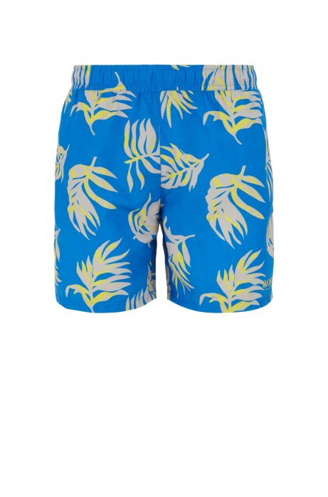 Tropical-print swim shorts in quick-dry brushed fabric, Open Blue