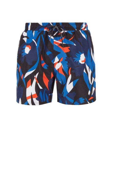 Floral-print swim shorts in quick-dry fabric, Black