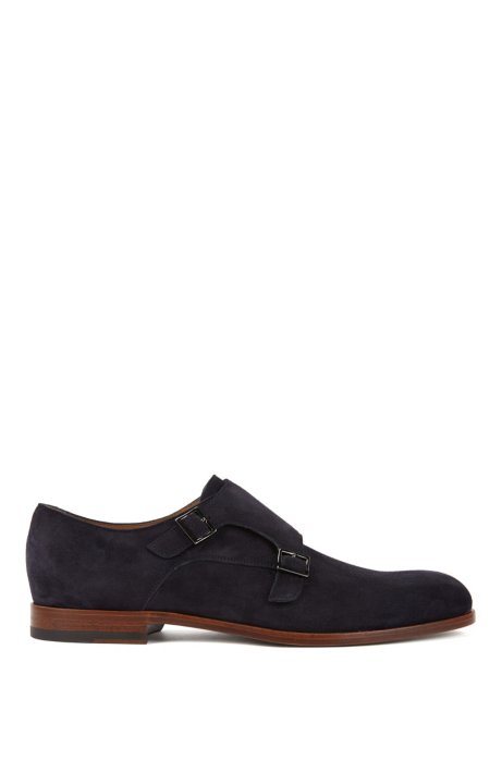 Double-monk suede shoes with blonde outsole, Dark Blue