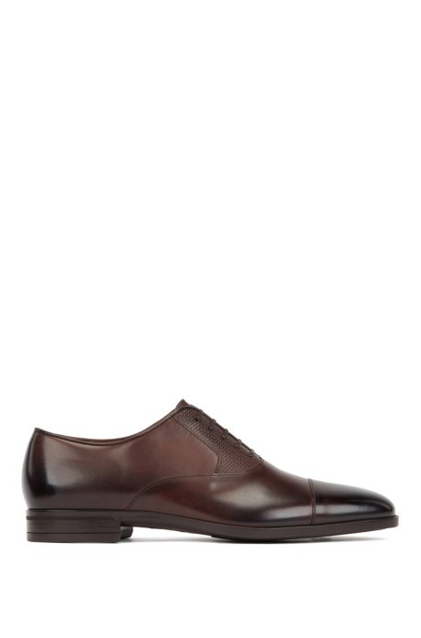 Burnished leather Oxford shoes with monogram embossing, Dark Brown