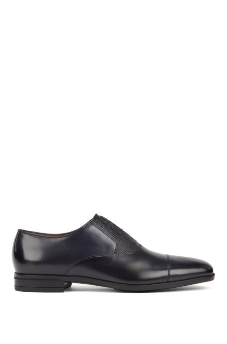 Burnished leather Oxford shoes with monogram embossing, Dark Blue