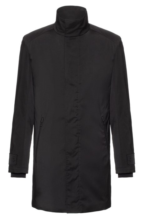 Slim-fit coat with stand collar and water repellency, Black