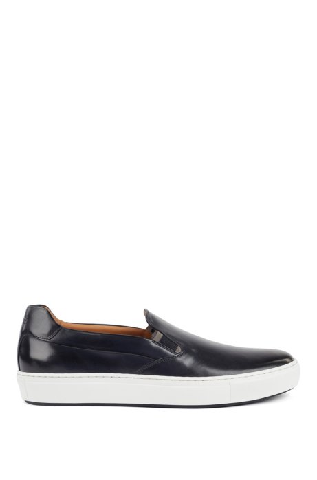 Italian-made slip-on trainers in burnished leather, Dark Blue