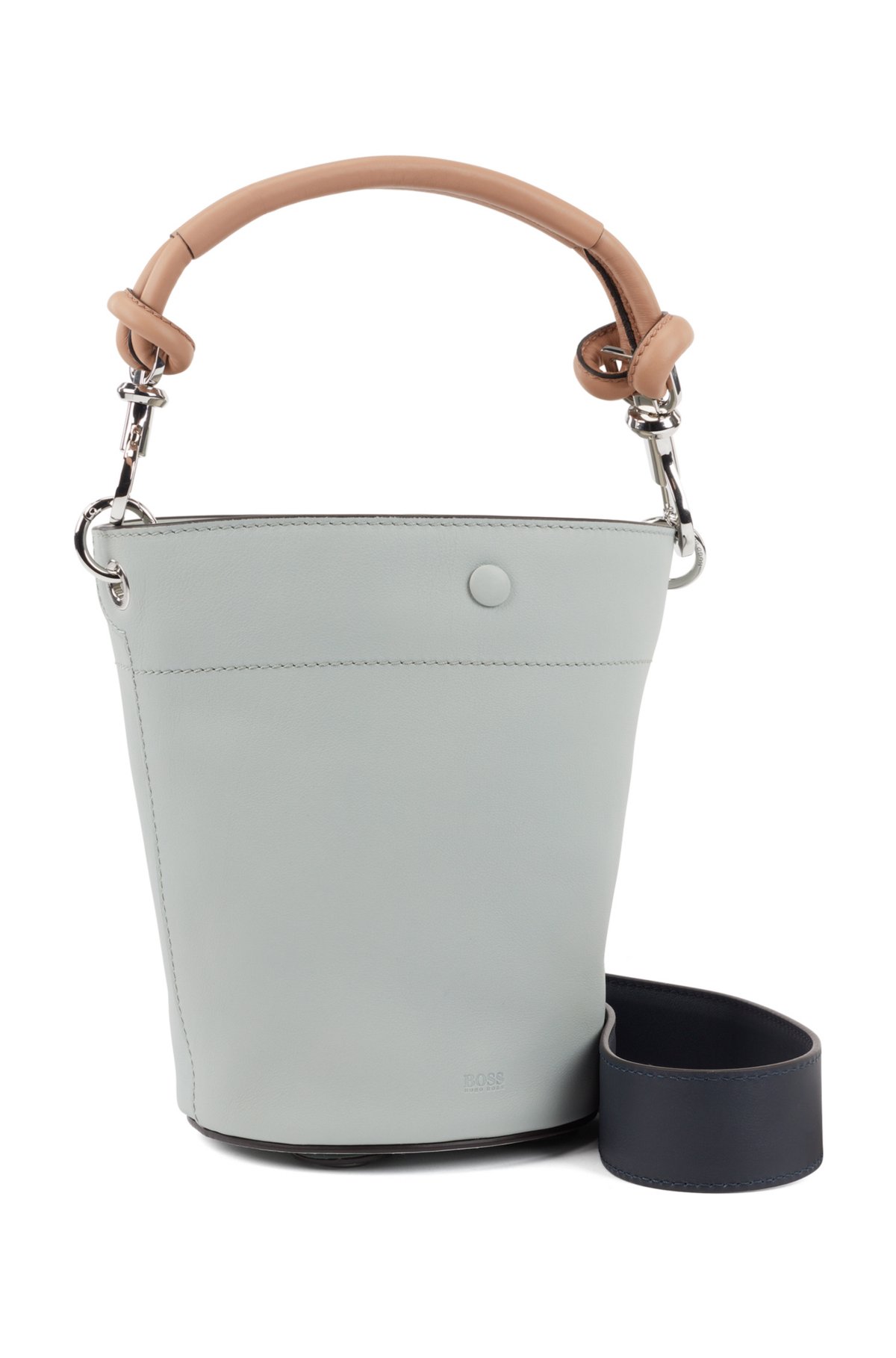 Small bucket bag in calf leather with knotted strap, Open Blue