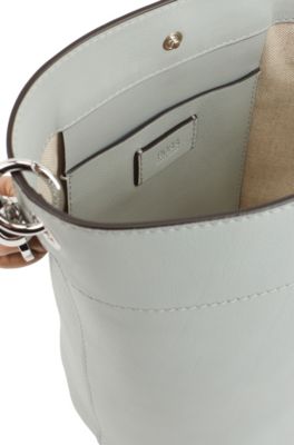 Small bucket bag in calf leather with knotted strap, Open Blue