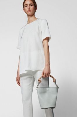 Small bucket bag in calf leather with knotted strap, Open Blue