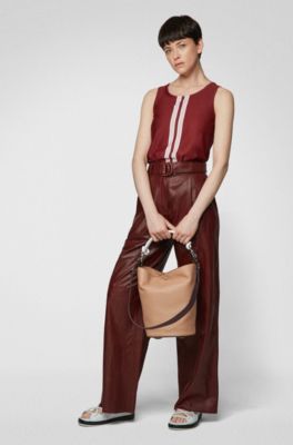 Bucket bag in calf leather with knotted top strap, Beige