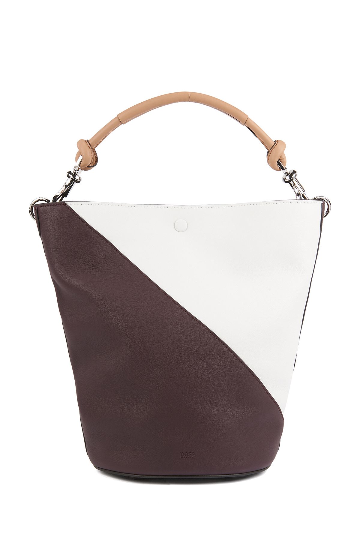 Colourblock bucket bag in soft leather, Dark Red