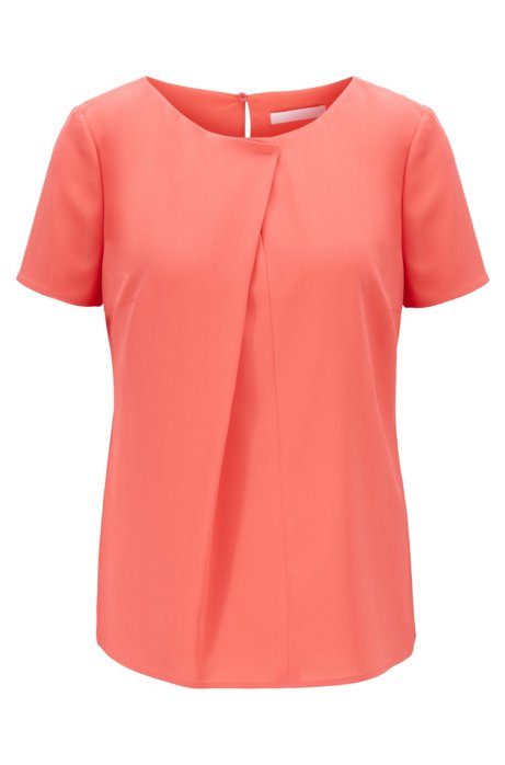 Short-sleeved top in crinkle crepe with pleated front, Pink