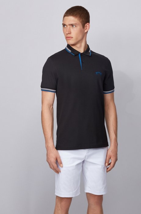 Slim-fit polo shirt in stretch piqué with curved logo, Black
