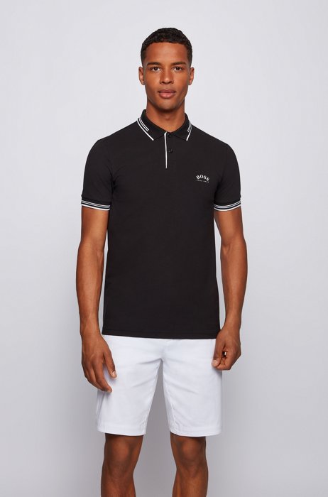 Slim-fit polo shirt in stretch piqué with curved logo, Black