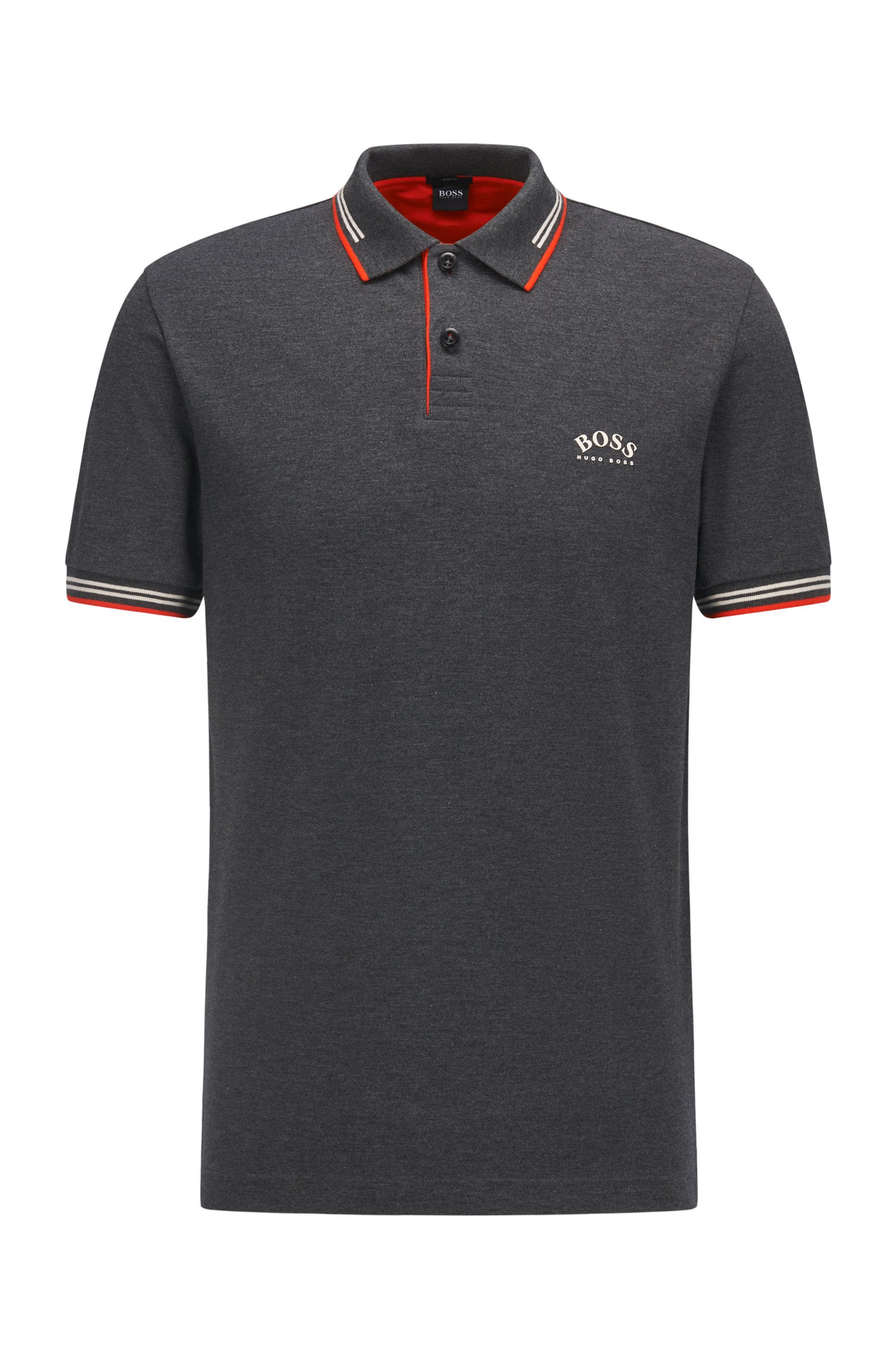 Slim-fit polo shirt in stretch piqué with curved logo, Dark Grey