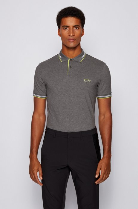 Slim-fit polo shirt in stretch piqué with curved logo, Grey