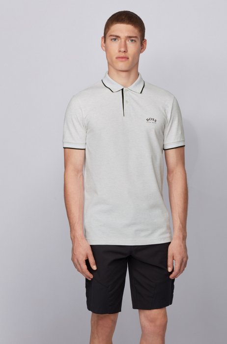 Slim-fit polo shirt in stretch piqué with curved logo, Light Grey