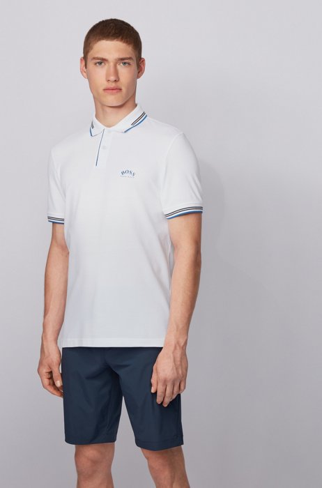 Slim-fit polo shirt in stretch piqué with curved logo, White