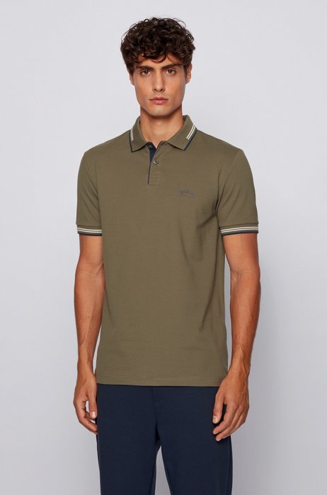 Slim-fit polo shirt in stretch piqué with curved logo, Dark Green