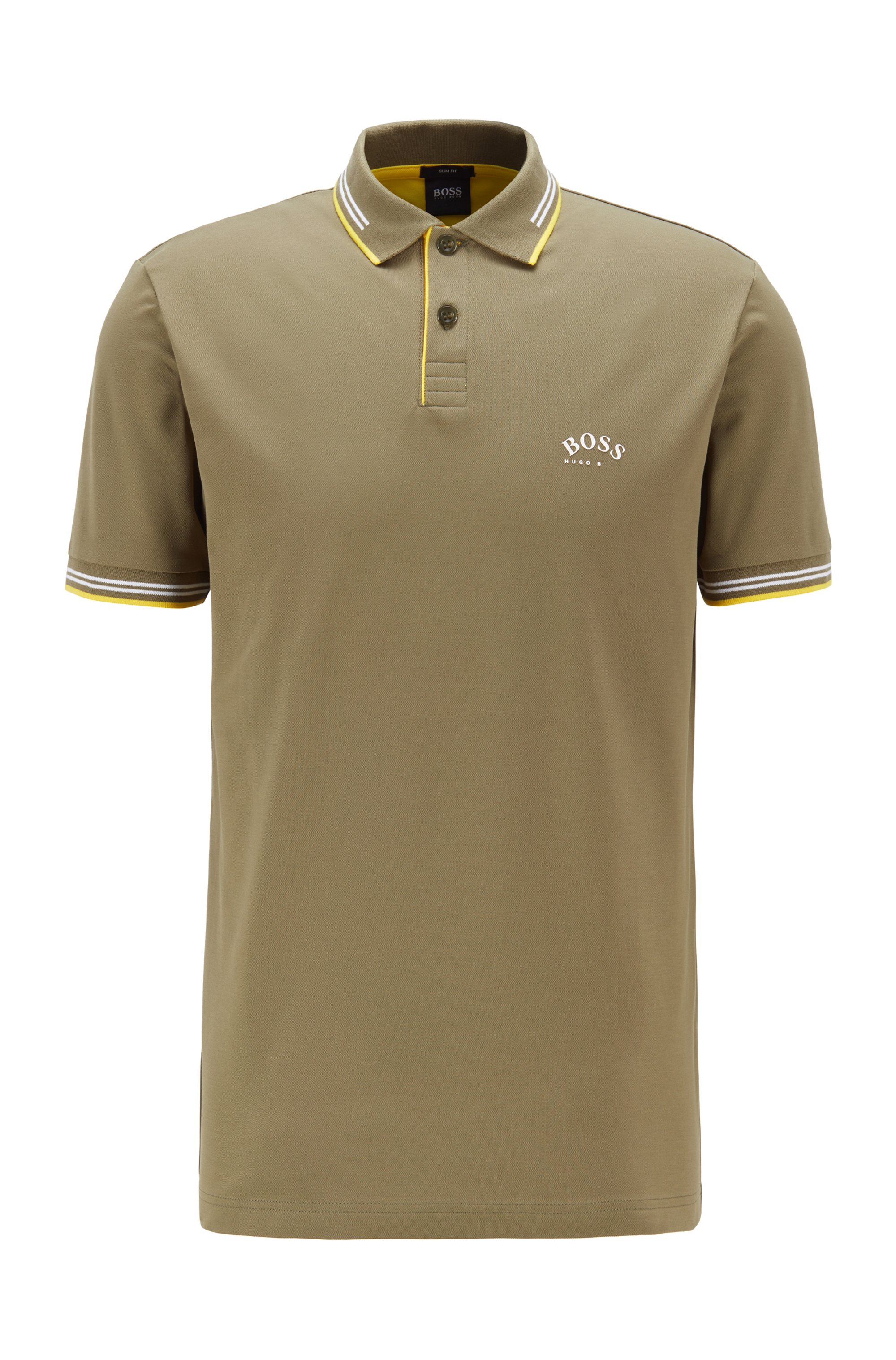 Slim-fit polo shirt in stretch piqué with curved logo, Green
