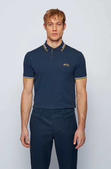 Slim-fit polo shirt in stretch piqué with curved logo, Dark Blue