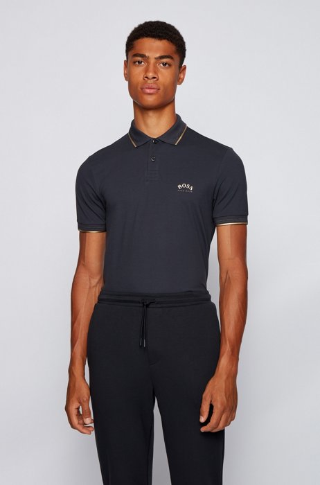 Slim-fit polo shirt in stretch piqué with curved logo, Dark Blue