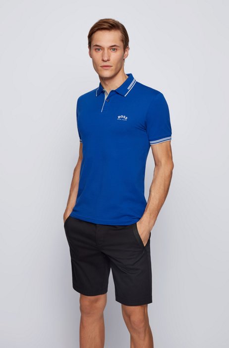 Slim-fit polo shirt in stretch piqué with curved logo, Blue