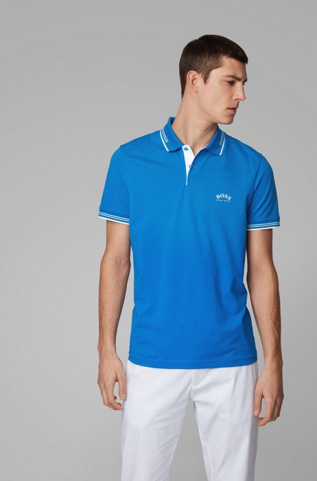 Slim-fit polo shirt in stretch piqué with curved logo, Blue