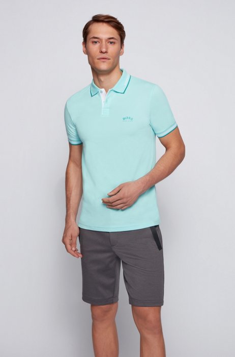 Slim-fit polo shirt in stretch piqué with curved logo, Light Blue