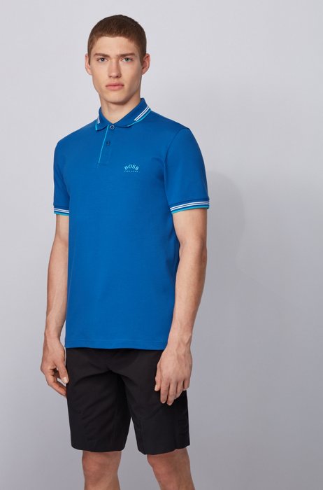 Slim-fit polo shirt in stretch piqué with curved logo, Light Blue